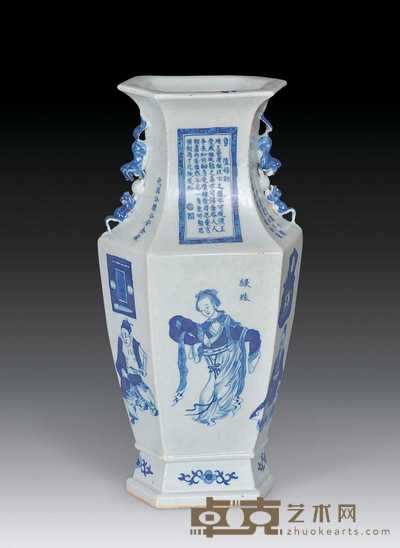 清嘉庆 青花人物无双谱六方瓶 40×20cm